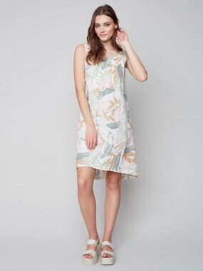 Women Charlie B linen a-line leaves print summer dress sz M